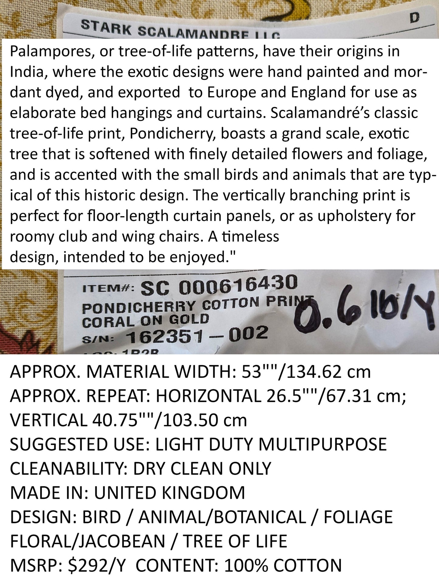 Scalamandre Pondicherry Cotton Print Coral on Gold Red Animal Jacobean Animal MSRP USD 292/y