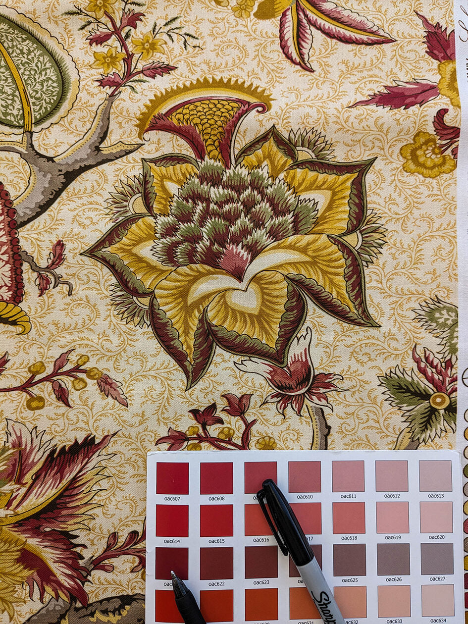 Scalamandre Pondicherry Cotton Print Coral on Gold Red Animal Jacobean Animal MSRP USD 292/y