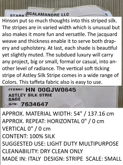 Scalamandre Astley Silk Strie Sage Gray White Pin Stripe Small Scale MSRP USD350+/yard