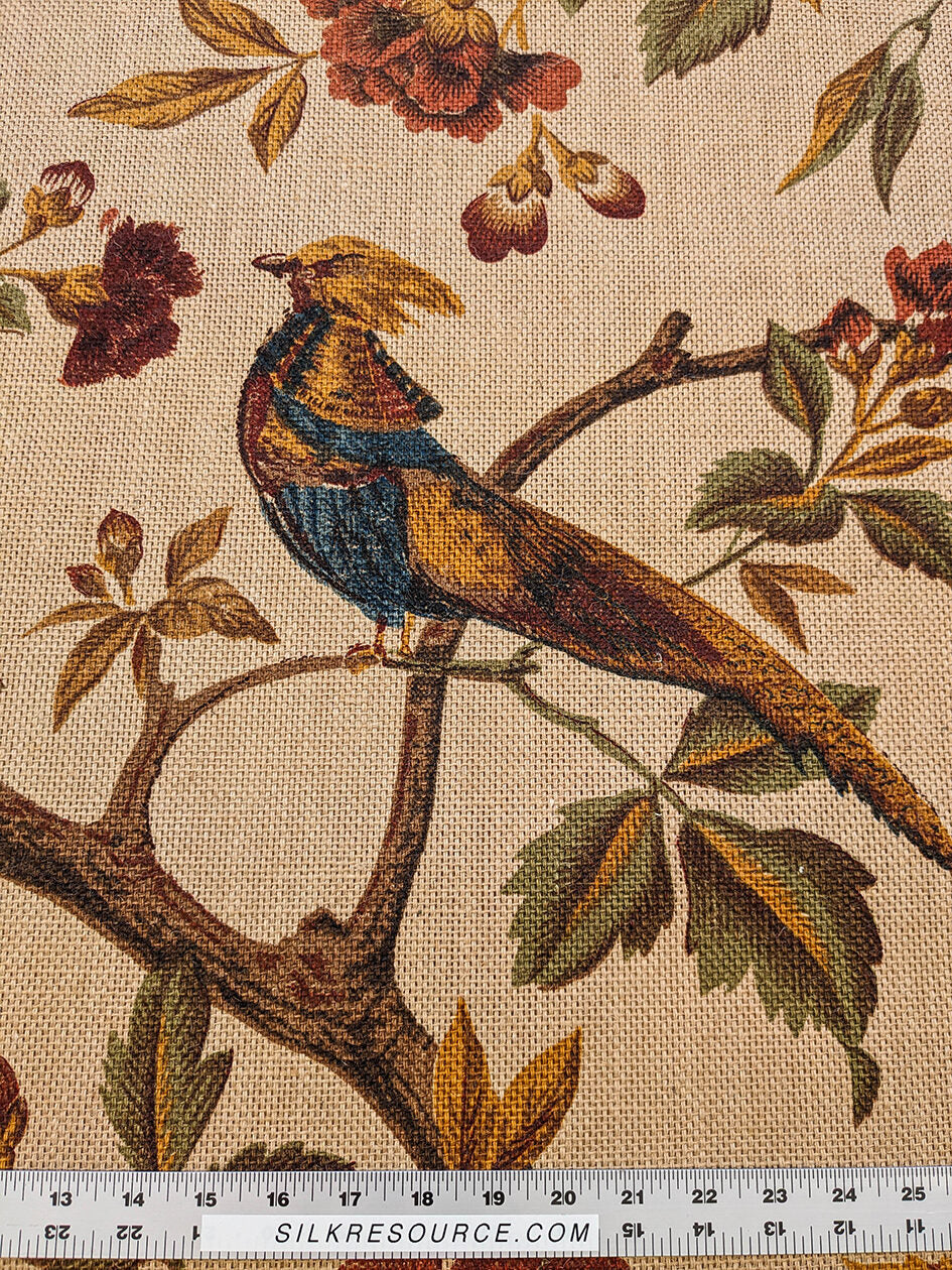 Scalamandre Faissan on Hessian Rust Brown Red Green Blue 100% Jute Bird Animals Tree Foliage MSRP USD 496/y