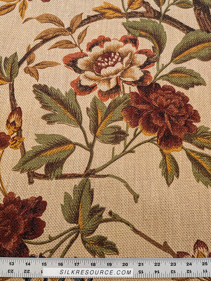 Scalamandre Faissan on Hessian Rust Brown Red Green Blue 100% Jute Bird Animals Tree Foliage MSRP USD 496/y