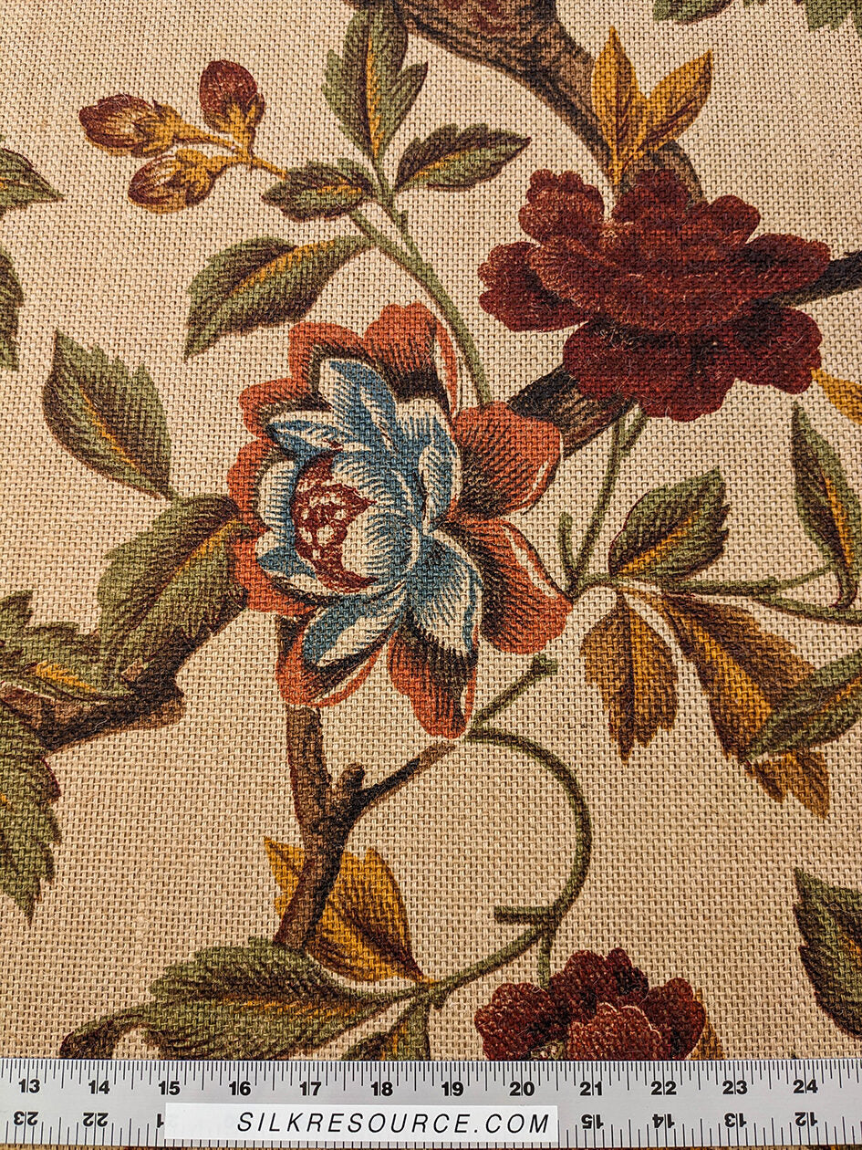 Scalamandre Faissan on Hessian Rust Brown Red Green Blue 100% Jute Bird Animals Tree Foliage MSRP USD 496/y