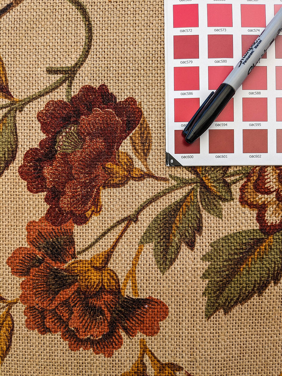 Scalamandre Faissan on Hessian Rust Brown Red Green Blue 100% Jute Bird Animals Tree Foliage MSRP USD 496/y