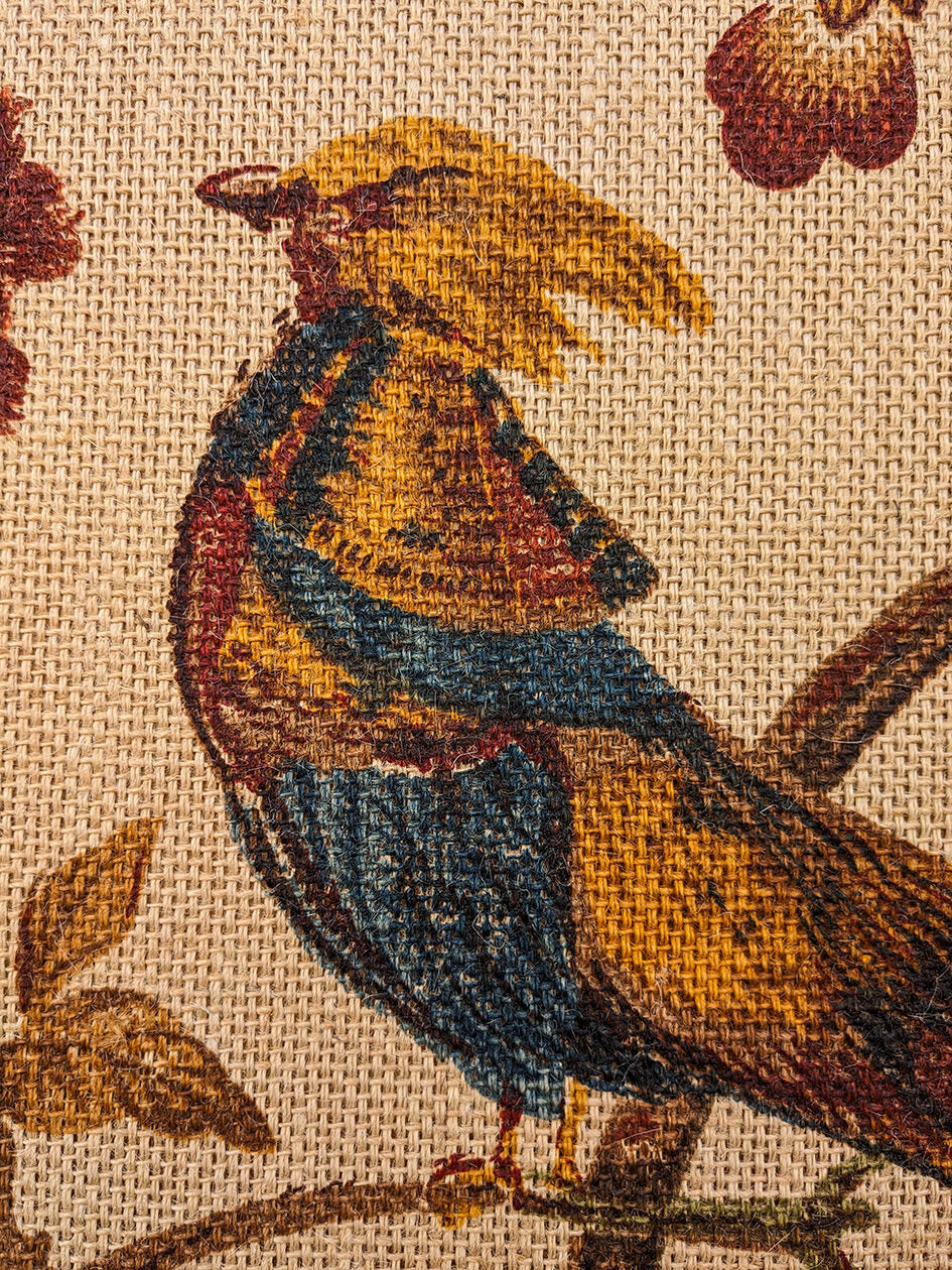 Scalamandre Faissan on Hessian Rust Brown Red Green Blue 100% Jute Bird Animals Tree Foliage MSRP USD 496/y