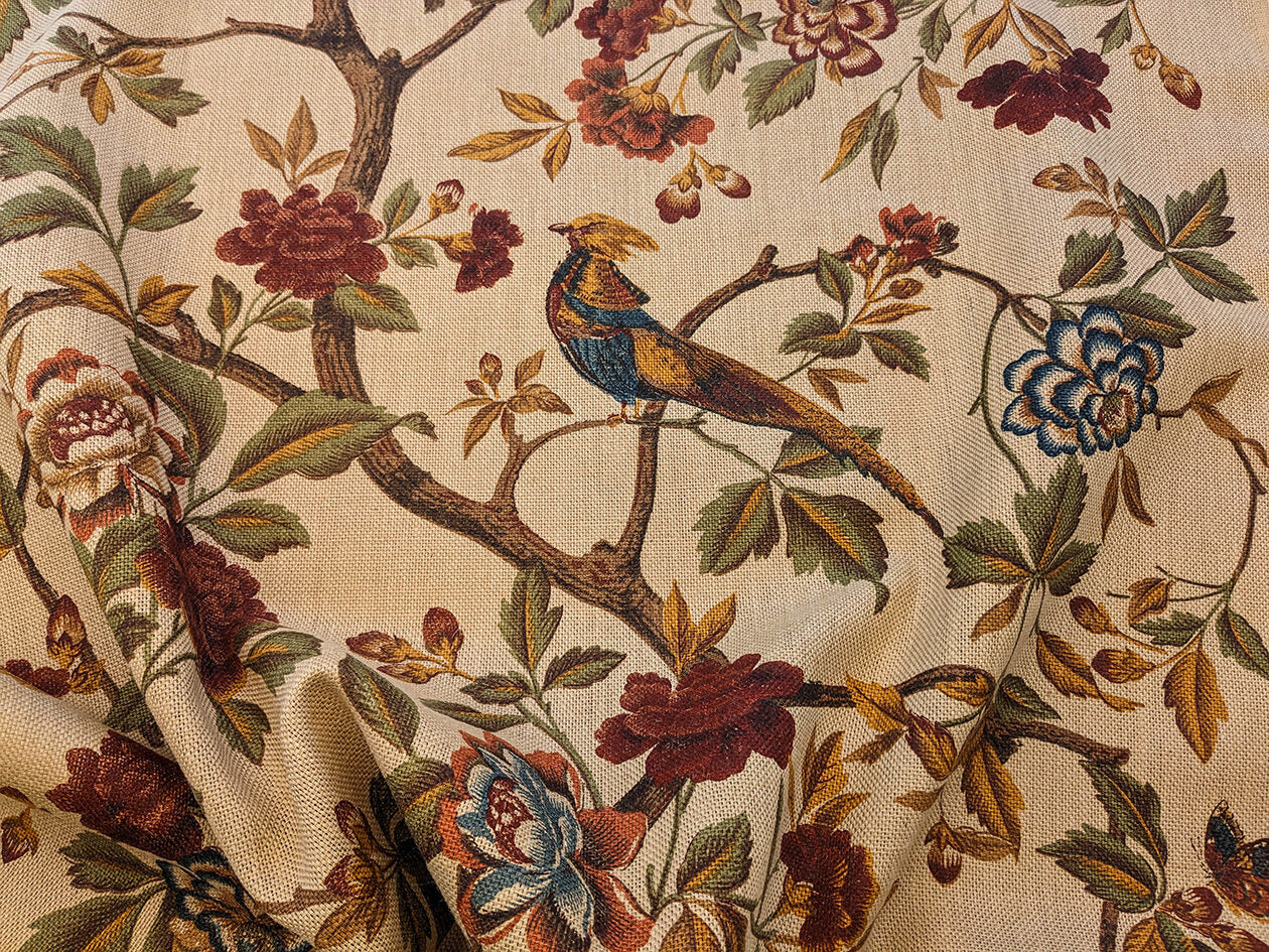 Scalamandre Faissan on Hessian Rust Brown Red Green Blue 100% Jute Bird Animals Tree Foliage MSRP USD 496/y