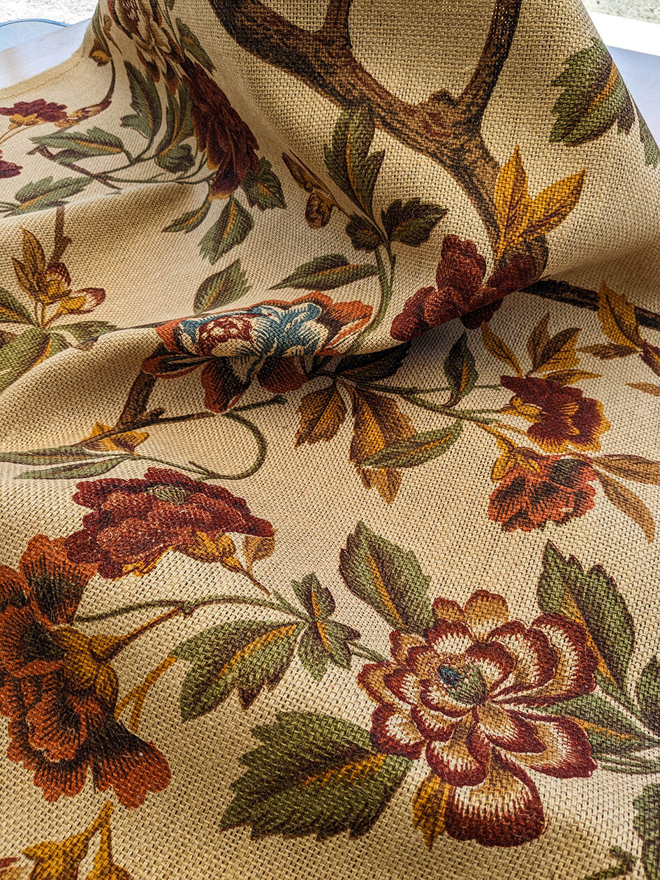 Scalamandre Faissan on Hessian Rust Brown Red Green Blue 100% Jute Bird Animals Tree Foliage MSRP USD 496/y