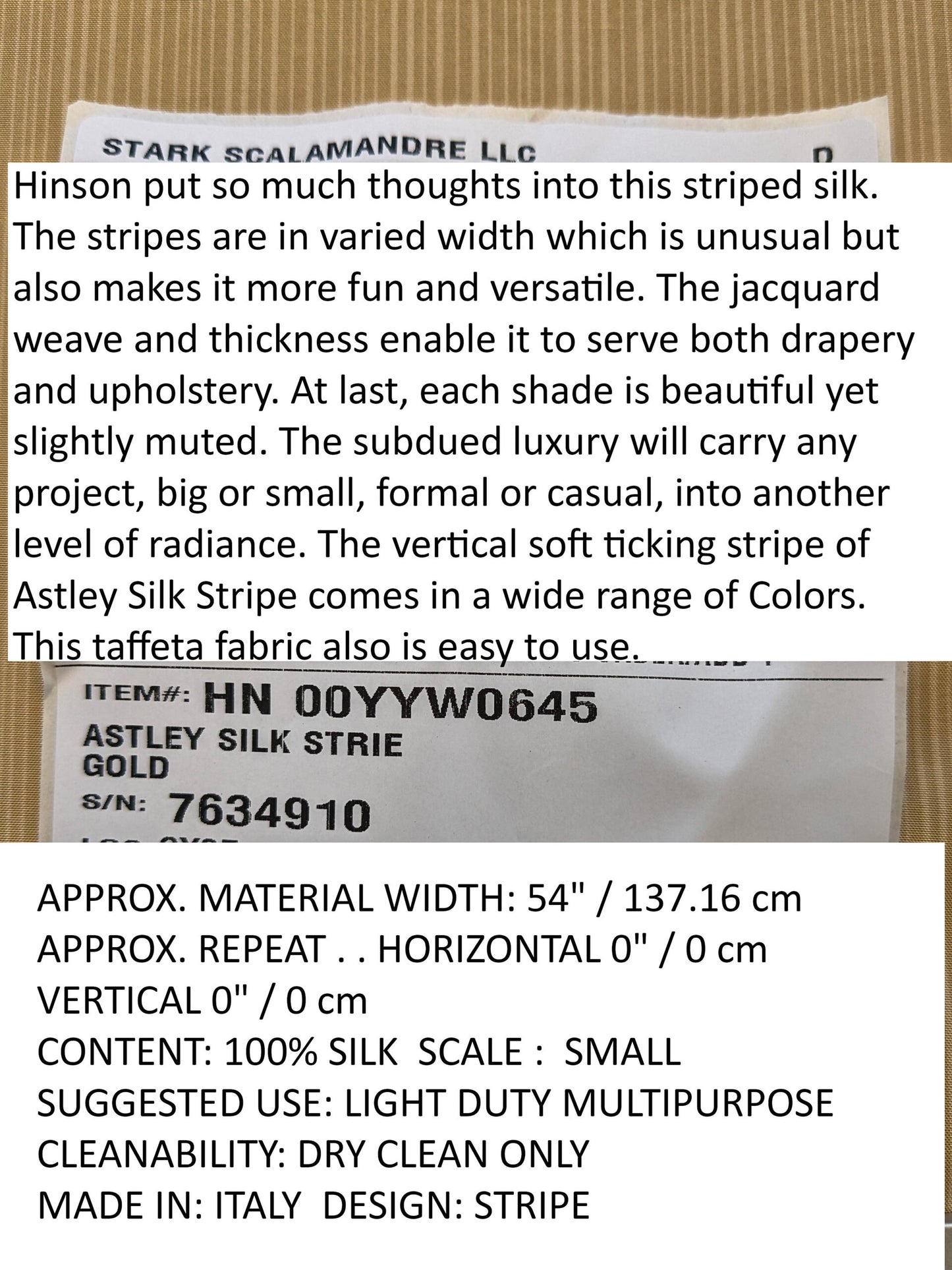 Scalamandre Astley Silk Strie Gold Pin Stripe Small Scale  MSRP USD350+/yard