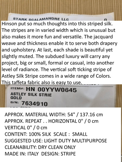 Scalamandre Astley Silk Strie Gold Pin Stripe Small Scale  MSRP USD350+/yard