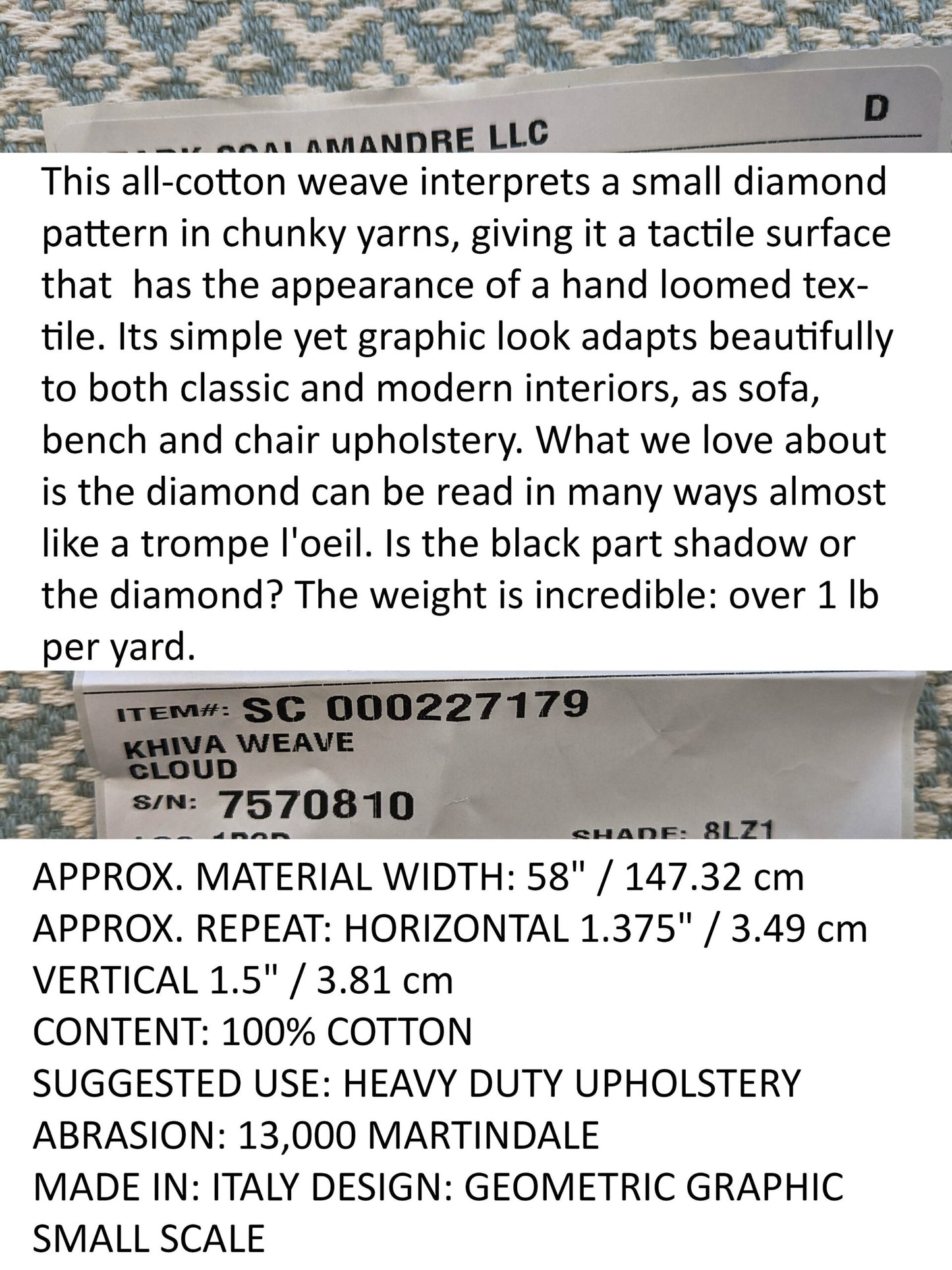 Scalamandre Khiva Weave Cloud Blue White Small Scale Geometric Diamond 100% Cotton MSRP USD180/yd