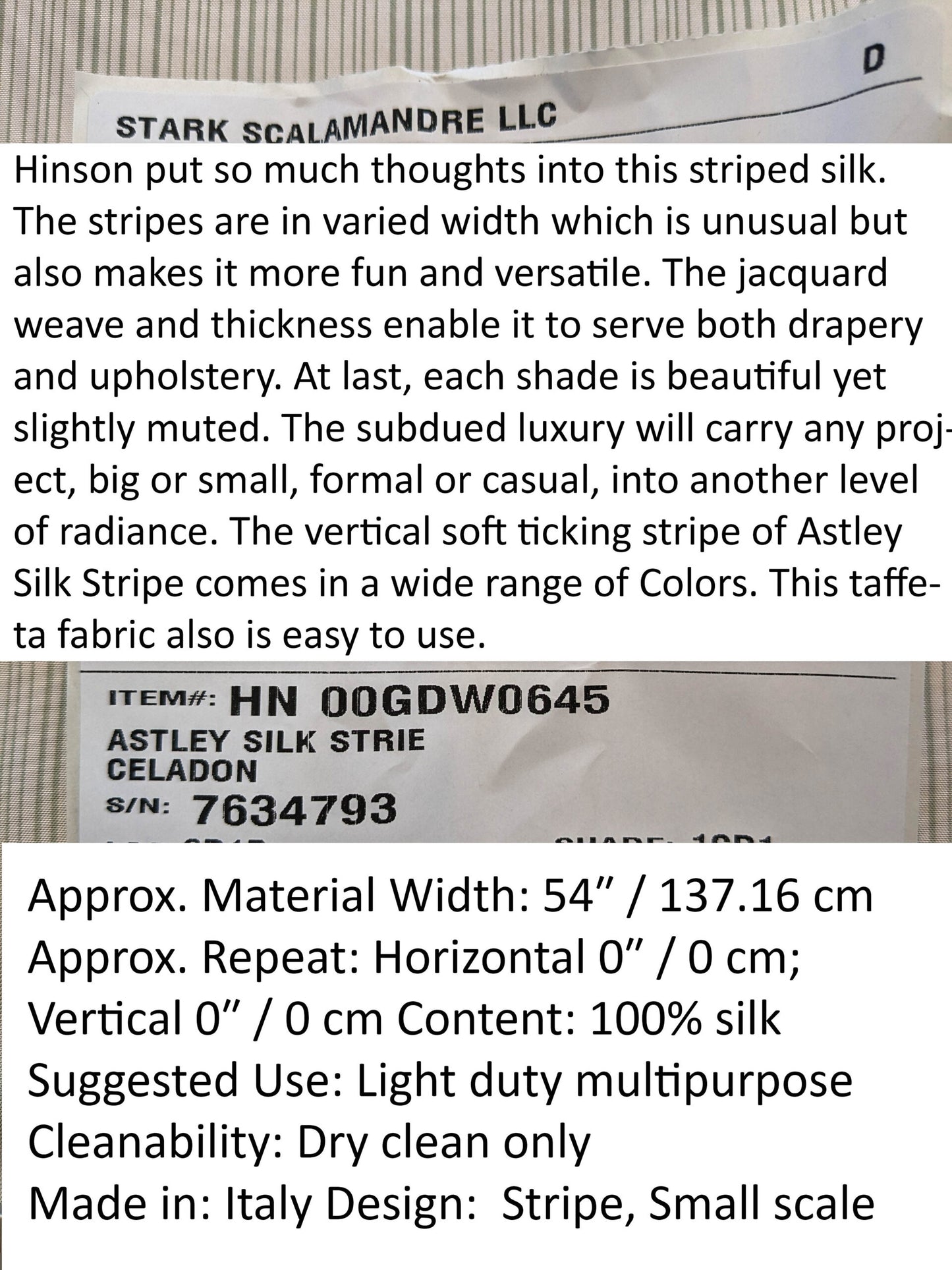 Scalamandre Astley Silk Strie Celadon Green White Pin Stripe Small Scale MSRP USD350+/yard.