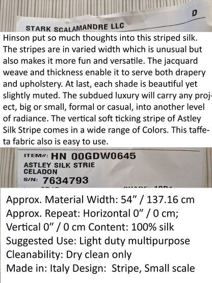 Scalamandre Astley Silk Strie Celadon Green White Pin Stripe Small Scale MSRP USD350+/yard.