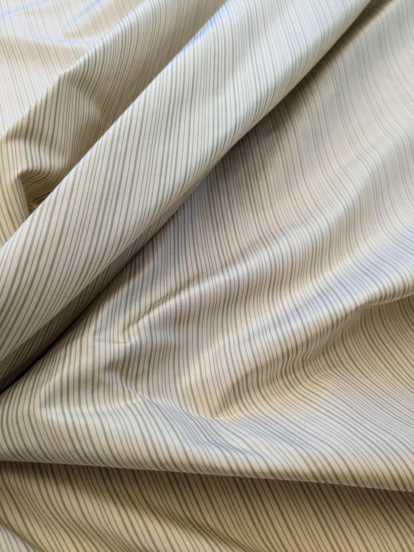 Scalamandre Astley Silk Strie Celadon Green White Pin Stripe Small Scale MSRP USD350+/yard.