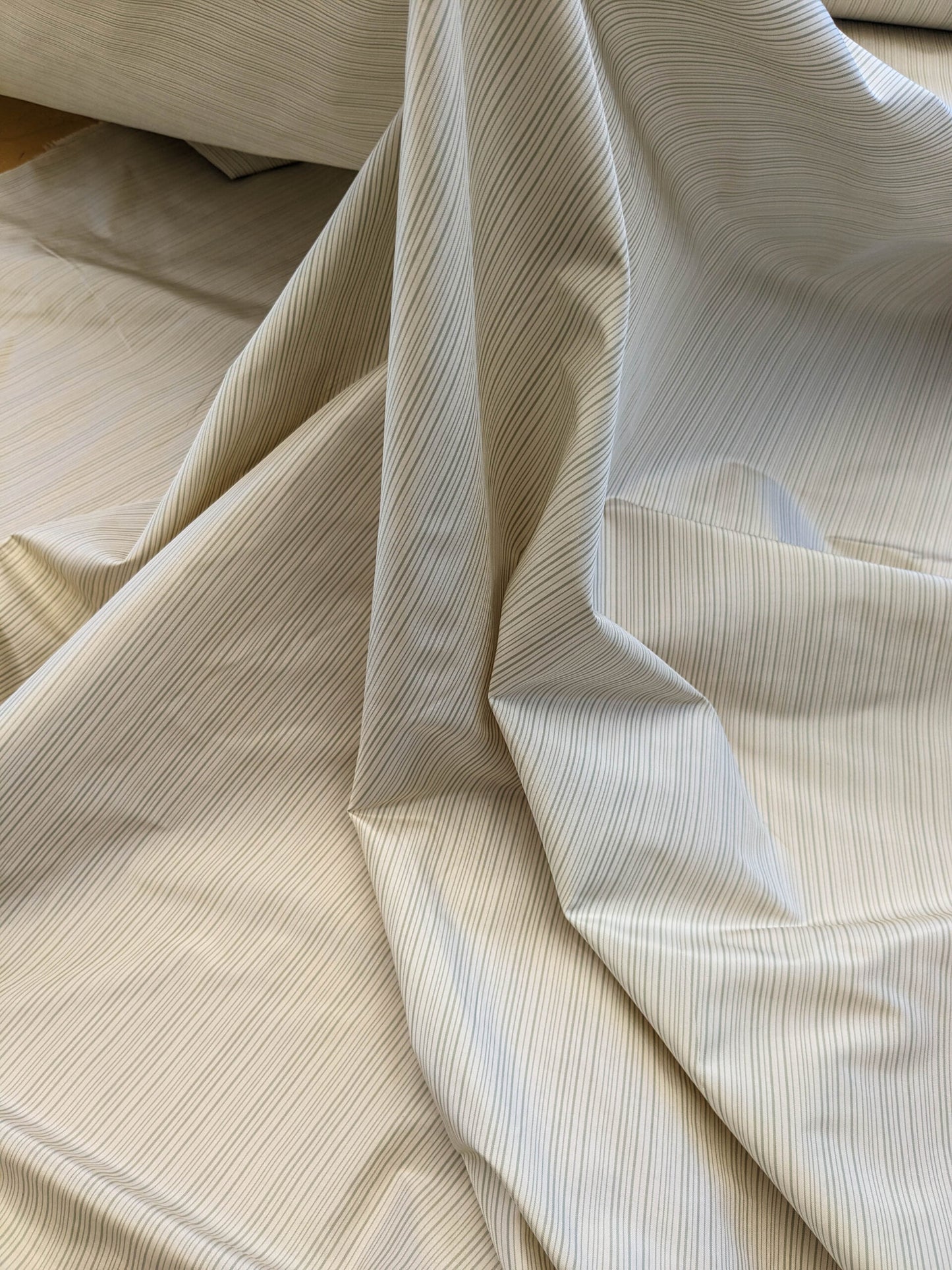 Scalamandre Astley Silk Strie Celadon Green White Pin Stripe Small Scale MSRP USD350+/yard.