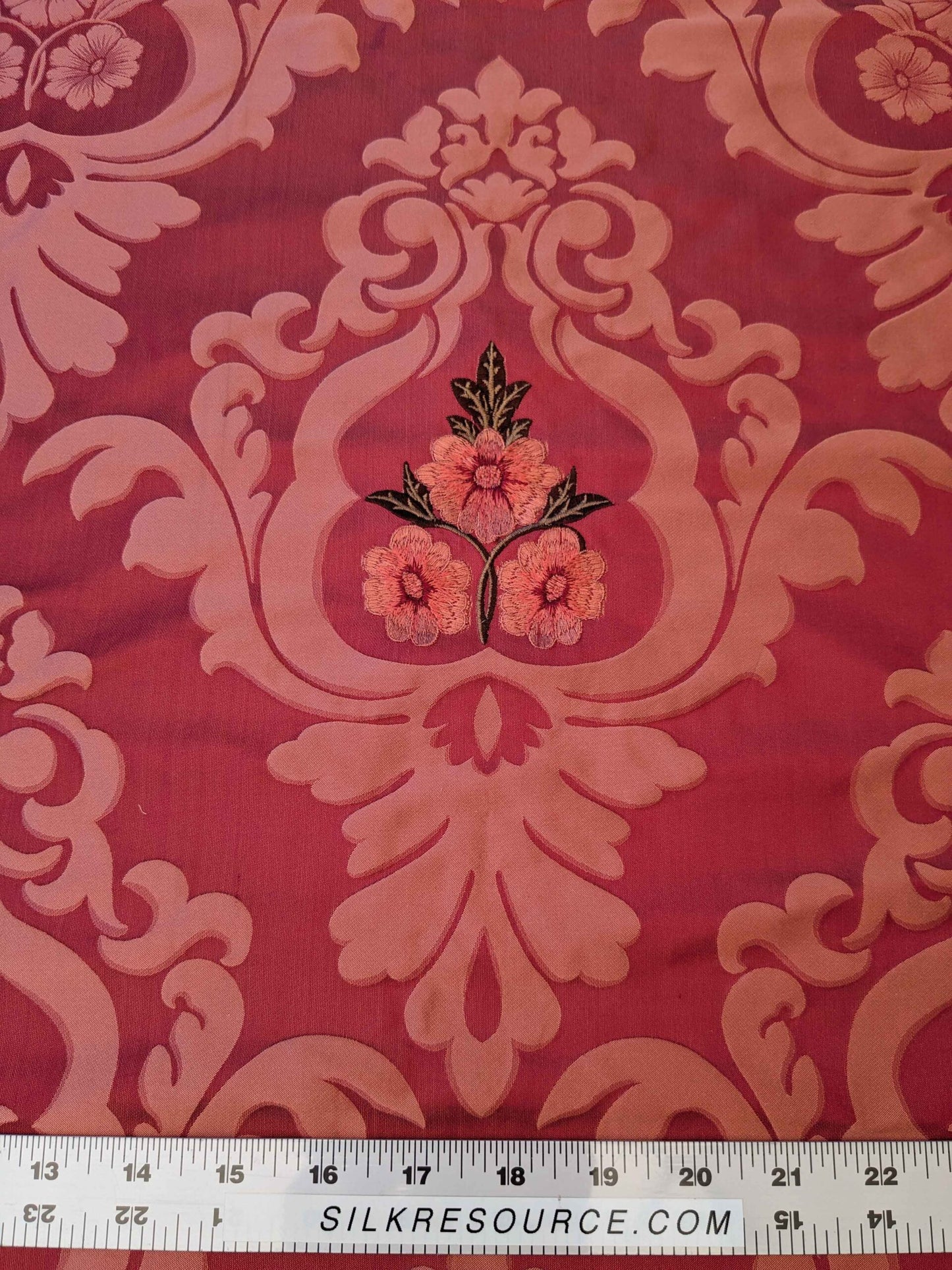 Scalamandre Damask Red Diamond Medallion Renaissance Embroidery Rose Bouquet 55″Width x 46″ Length