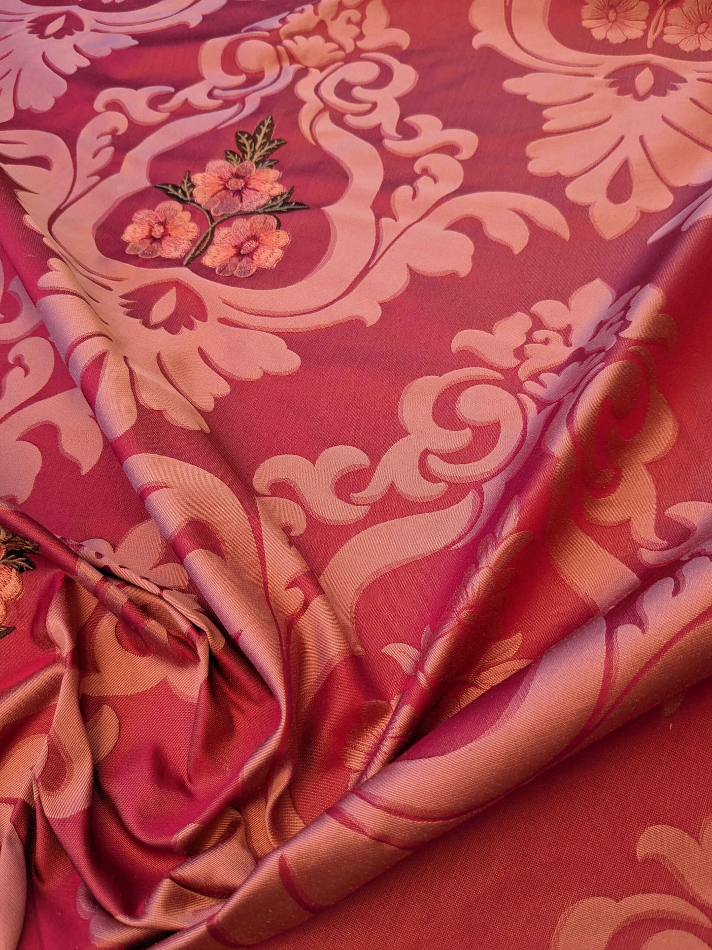 Scalamandre Damask Red Diamond Medallion Renaissance Embroidery Rose Bouquet 55″Width x 46″ Length