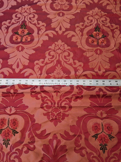Scalamandre Damask Red Diamond Medallion Renaissance Embroidery Rose Bouquet 55″Width x 46″ Length