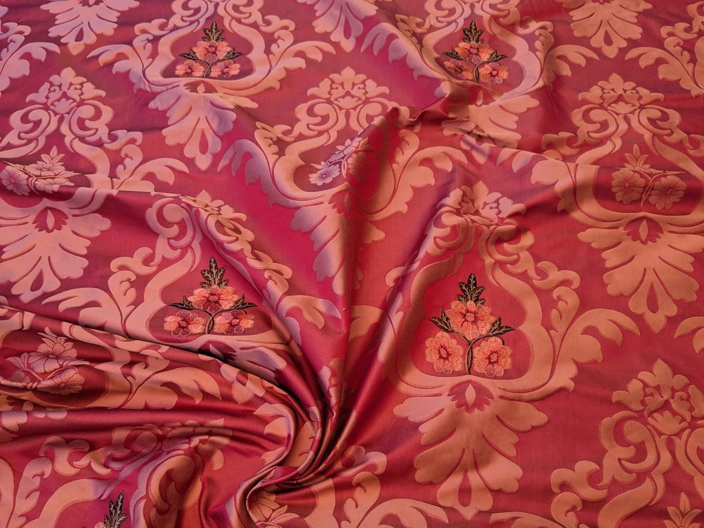 Scalamandre Damask Red Diamond Medallion Renaissance Embroidery Rose Bouquet 55″Width x 46″ Length