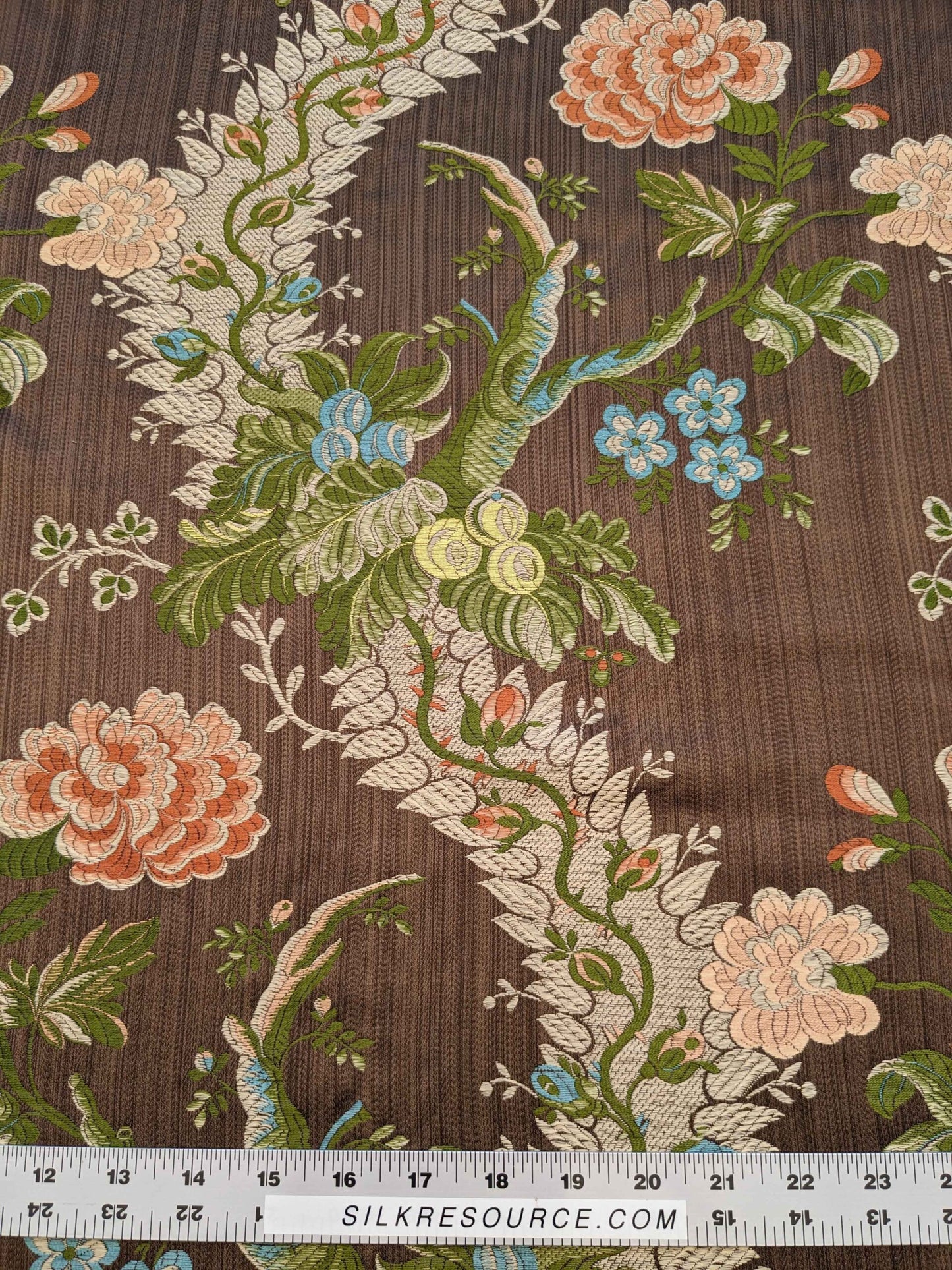 Scalamandre Mont Blanc Silk Lampas Green Gold Blue On Hazelnut Bro 56″Width x 46″ Length