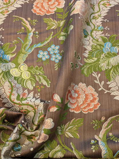 Scalamandre Mont Blanc Silk Lampas Green Gold Blue On Hazelnut Bro 56″Width x 46″ Length