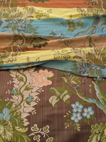 Scalamandre Mont Blanc Silk Lampas Green Gold Blue On Hazelnut Bro 56″Width x 46″ Length