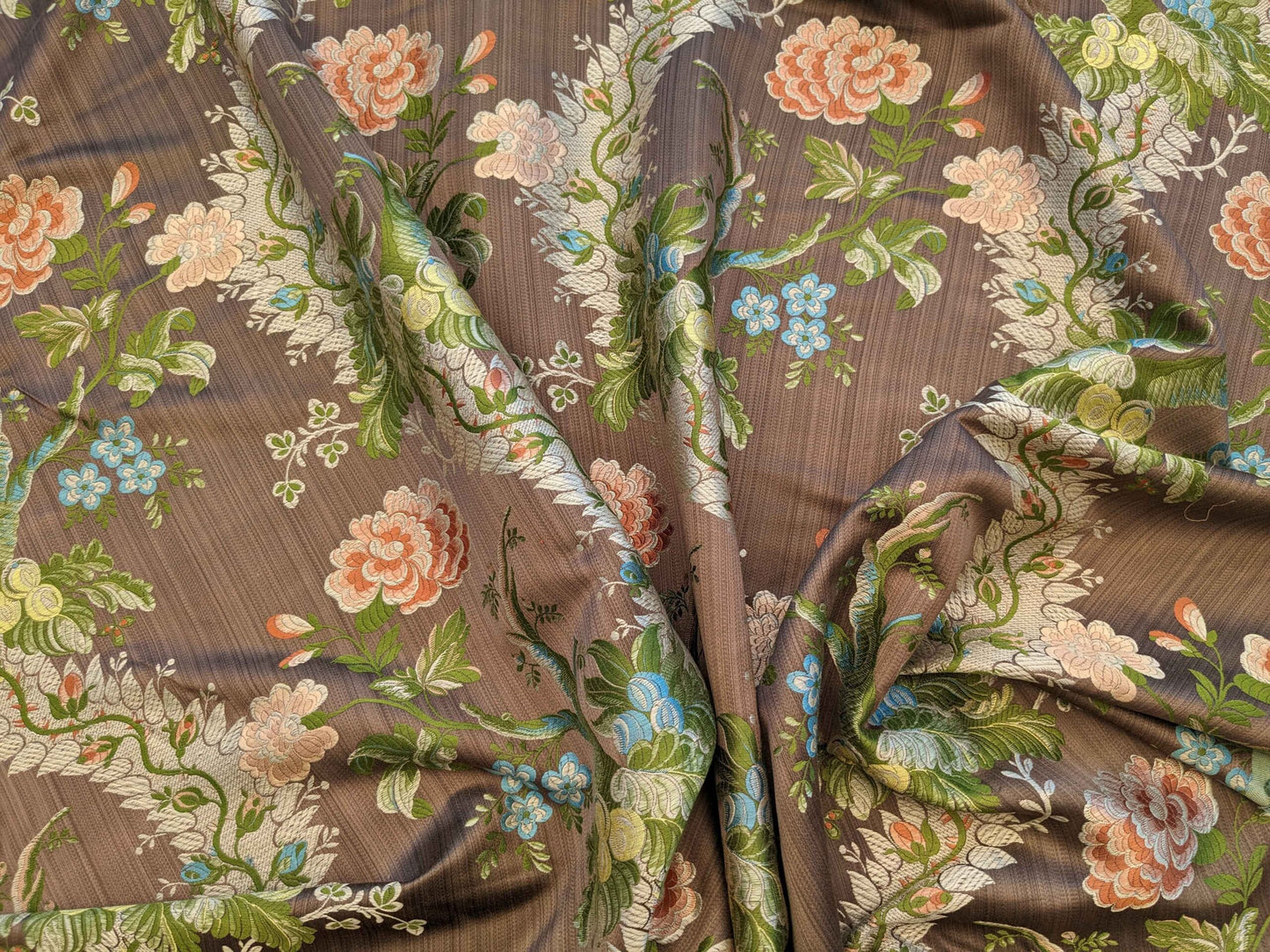 Scalamandre Mont Blanc Silk Lampas Green Gold Blue On Hazelnut Bro 56″Width x 46″ Length