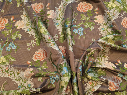 Scalamandre Mont Blanc Silk Lampas Green Gold Blue On Hazelnut Bro 56″Width x 46″ Length