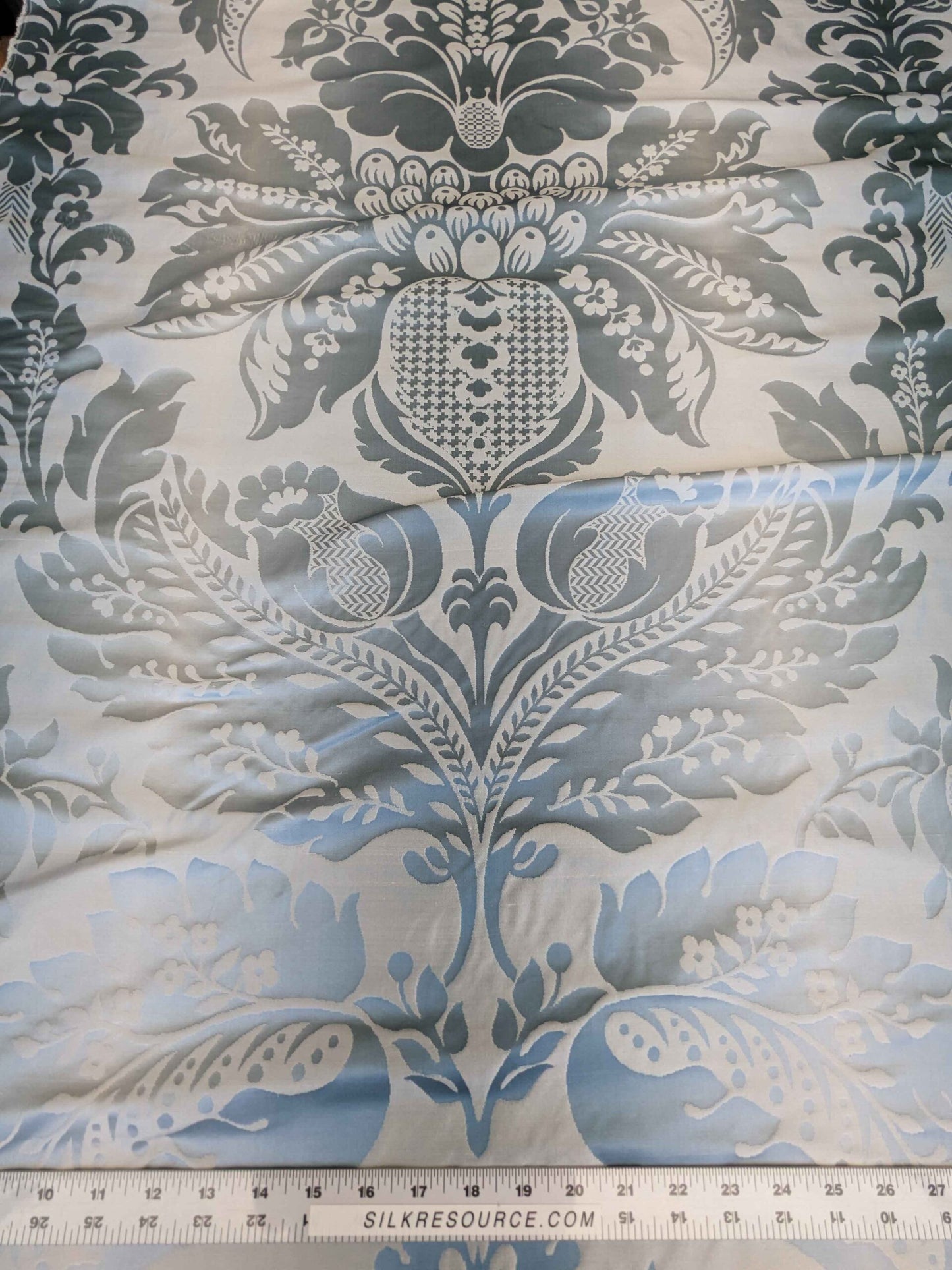 by yard Scalamandre Damask Silk Blend Silver Blue Gray White Botanical Floral Stripe French Renaissance