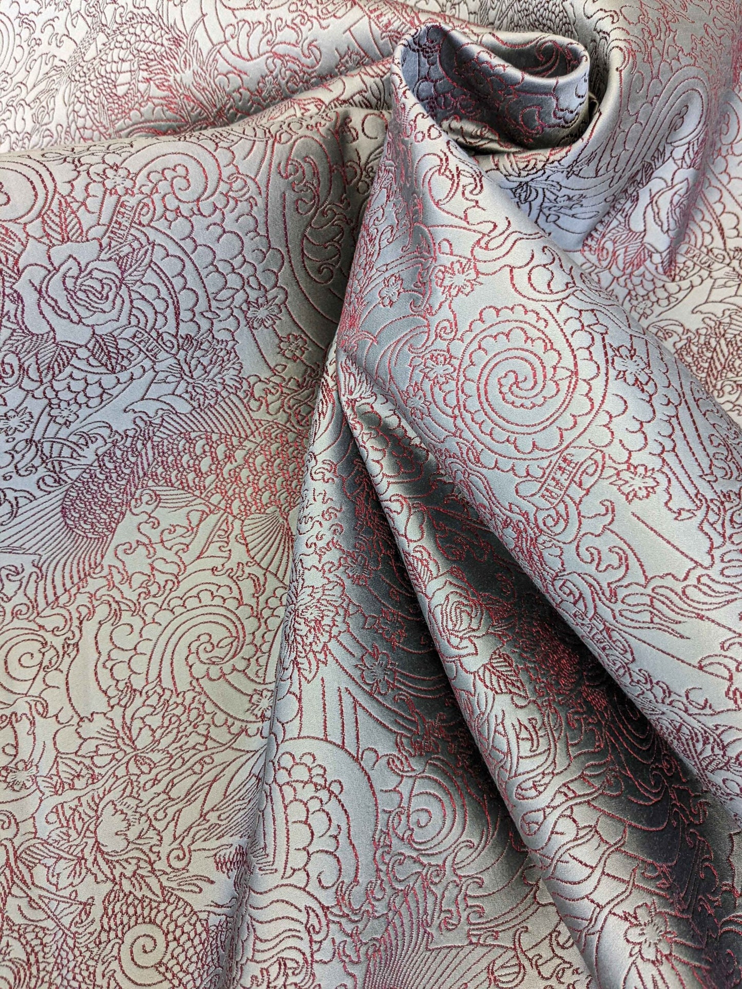 1 yard Jean Paul Gaultier Skin Nectar Polyester Cotton Animals Dragon Fish Abstract Art Deco Gray Red