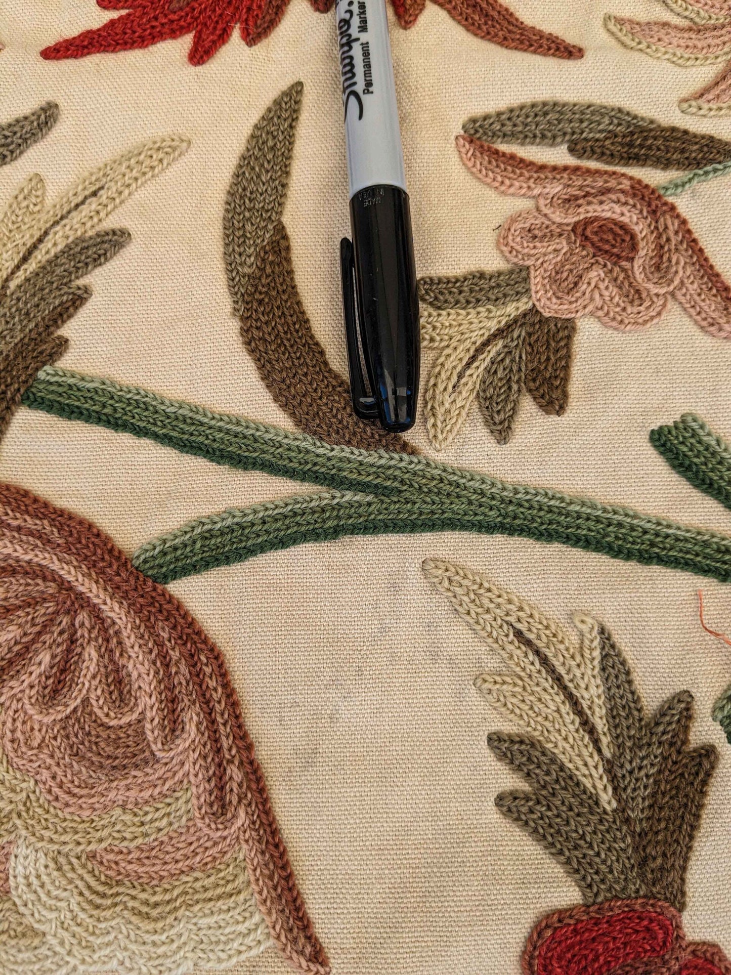 37"w x 59"l  Scalamandre Floral Botanical Tree Foliage Brown Green Red on Beige Embroidery Historical