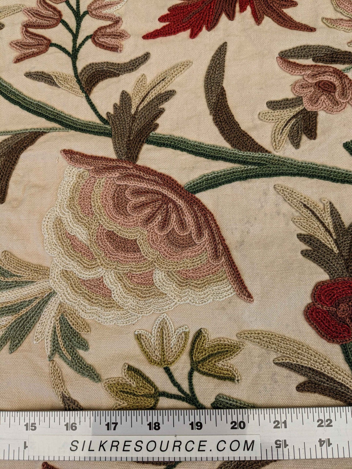 37"w x 59"l  Scalamandre Floral Botanical Tree Foliage Brown Green Red on Beige Embroidery Historical