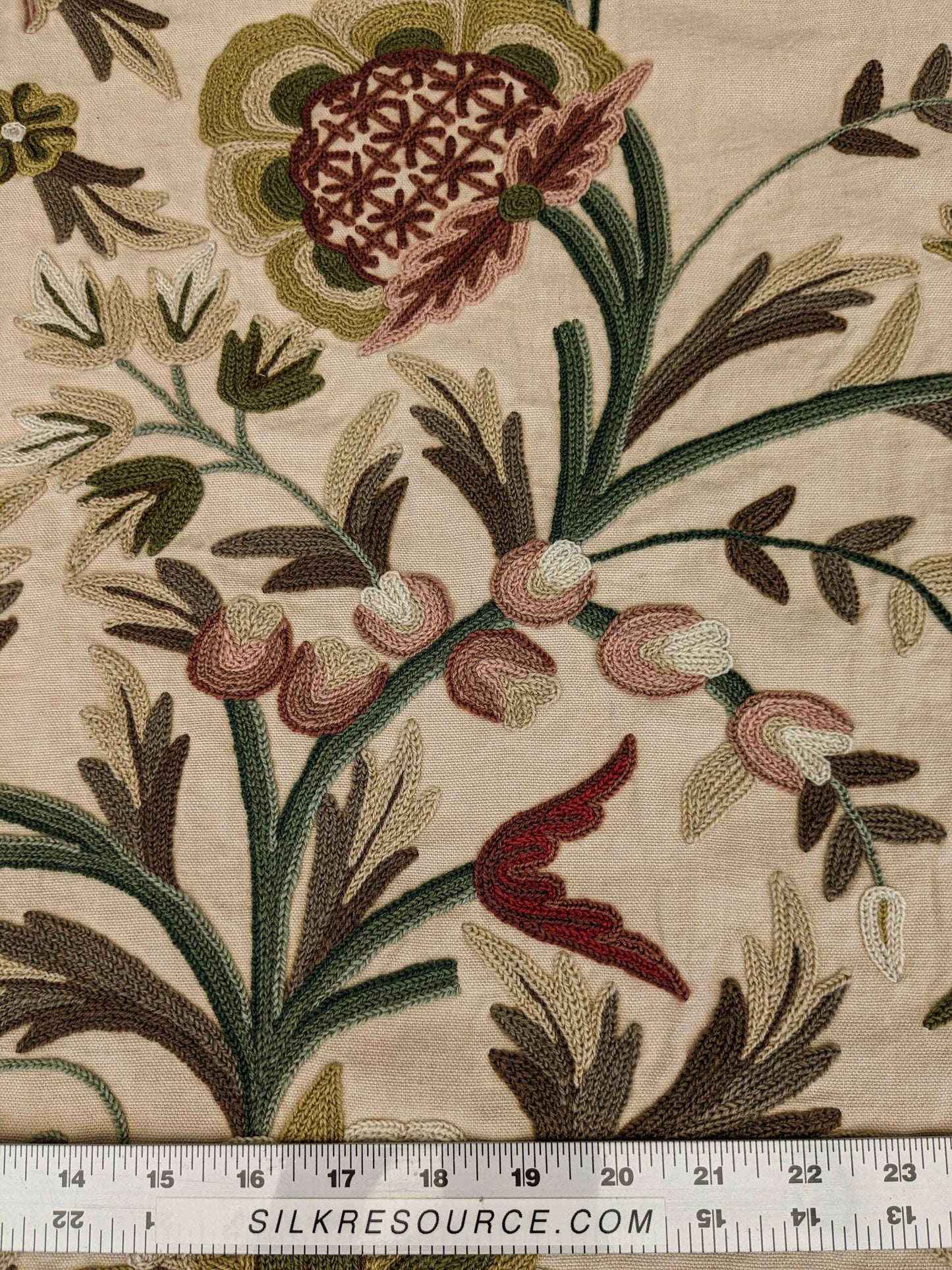 37"w x 59"l  Scalamandre Floral Botanical Tree Foliage Brown Green Red on Beige Embroidery Historical