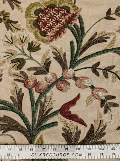 37"w x 59"l  Scalamandre Floral Botanical Tree Foliage Brown Green Red on Beige Embroidery Historical