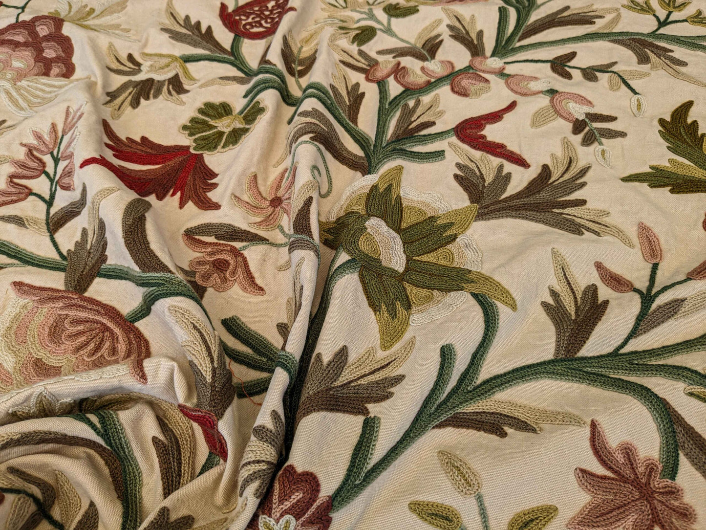 37"w x 59"l  Scalamandre Floral Botanical Tree Foliage Brown Green Red on Beige Embroidery Historical