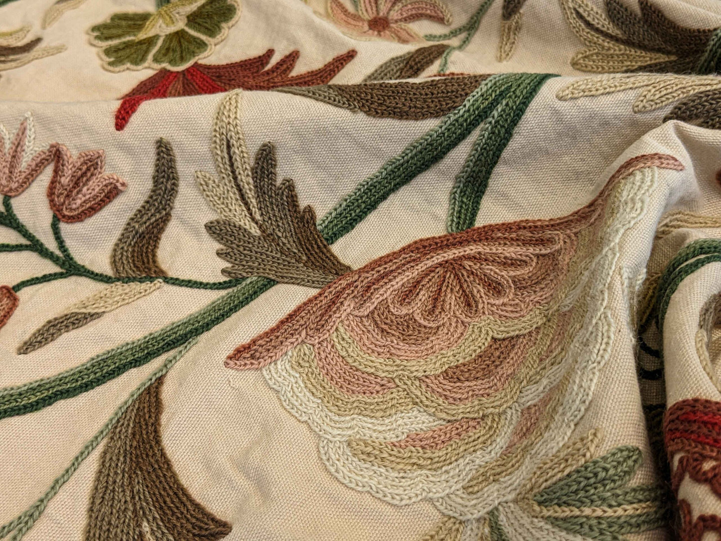 37"w x 59"l  Scalamandre Floral Botanical Tree Foliage Brown Green Red on Beige Embroidery Historical