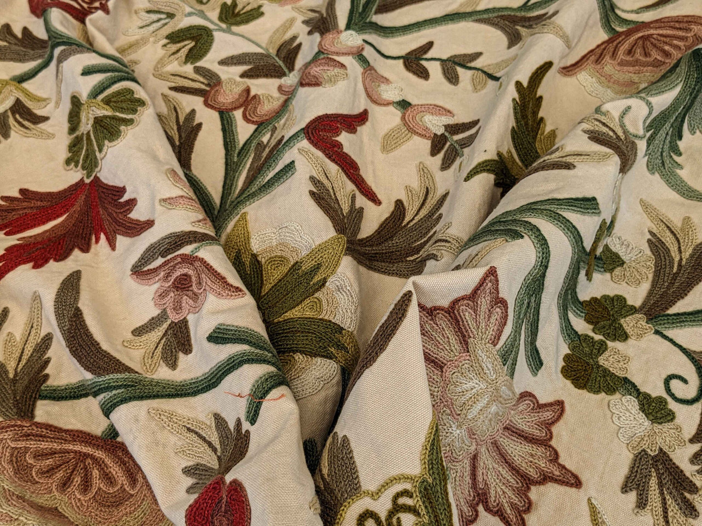 37"w x 59"l  Scalamandre Floral Botanical Tree Foliage Brown Green Red on Beige Embroidery Historical