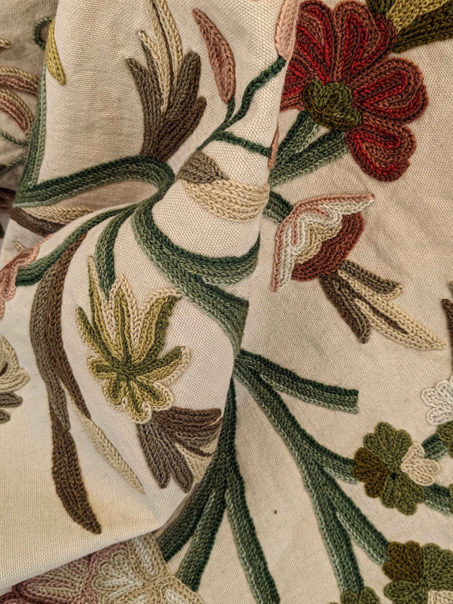 37"w x 59"l  Scalamandre Floral Botanical Tree Foliage Brown Green Red on Beige Embroidery Historical