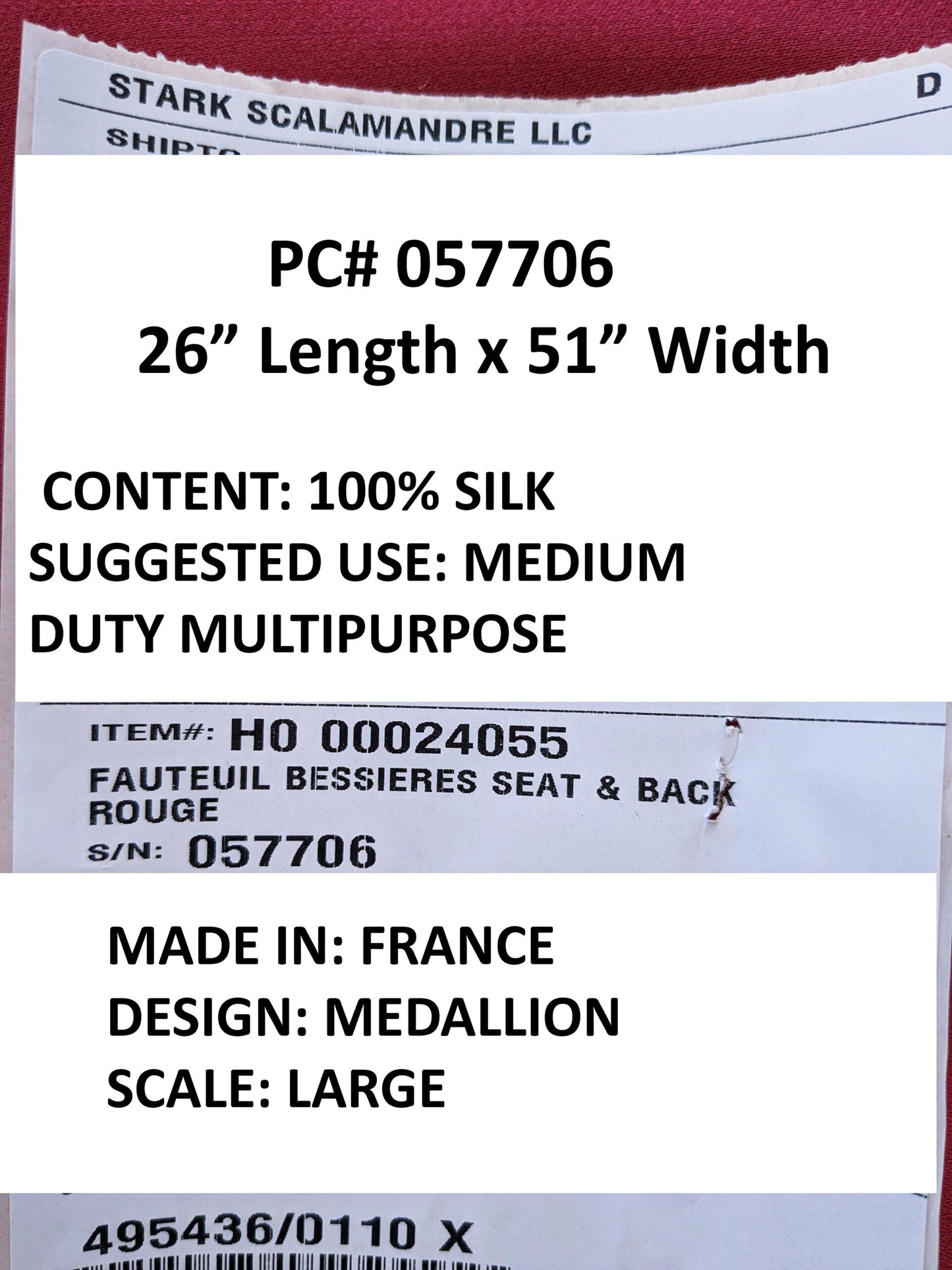 26" x 51" Scalamandre Fauteuil Bessieres Seat &amp; Back Rouge Red Gold French Antique Design Medallion MSRP USD 612/y