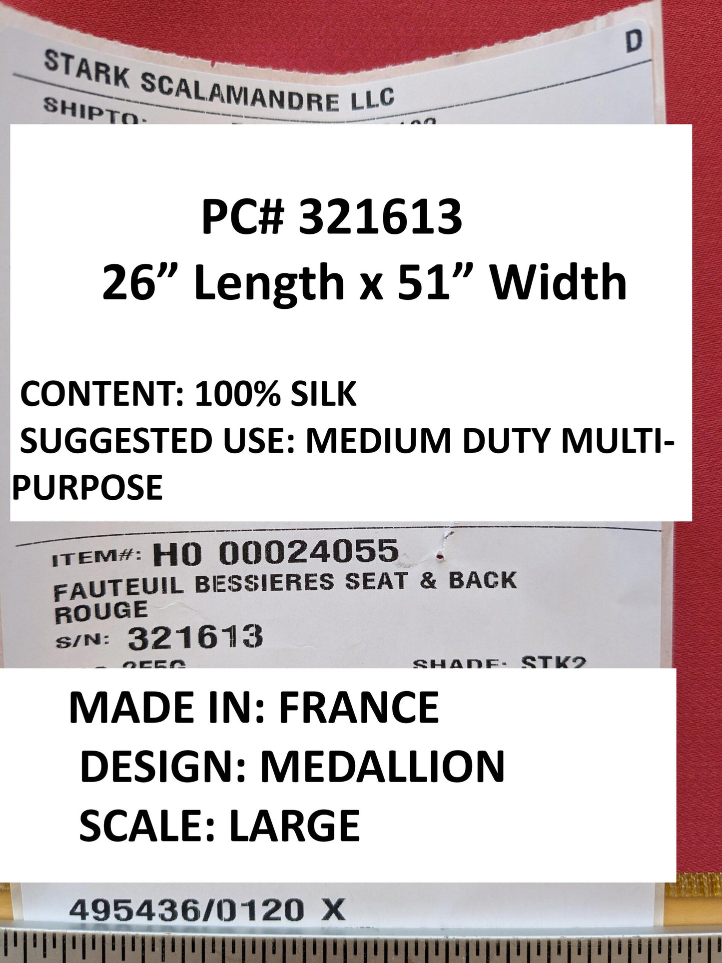 26" x 51" Scalamandre Fauteuil Bessieres Seat &amp; Back Rouge Red Gold French Antique Design Medallion MSRP USD 612/y