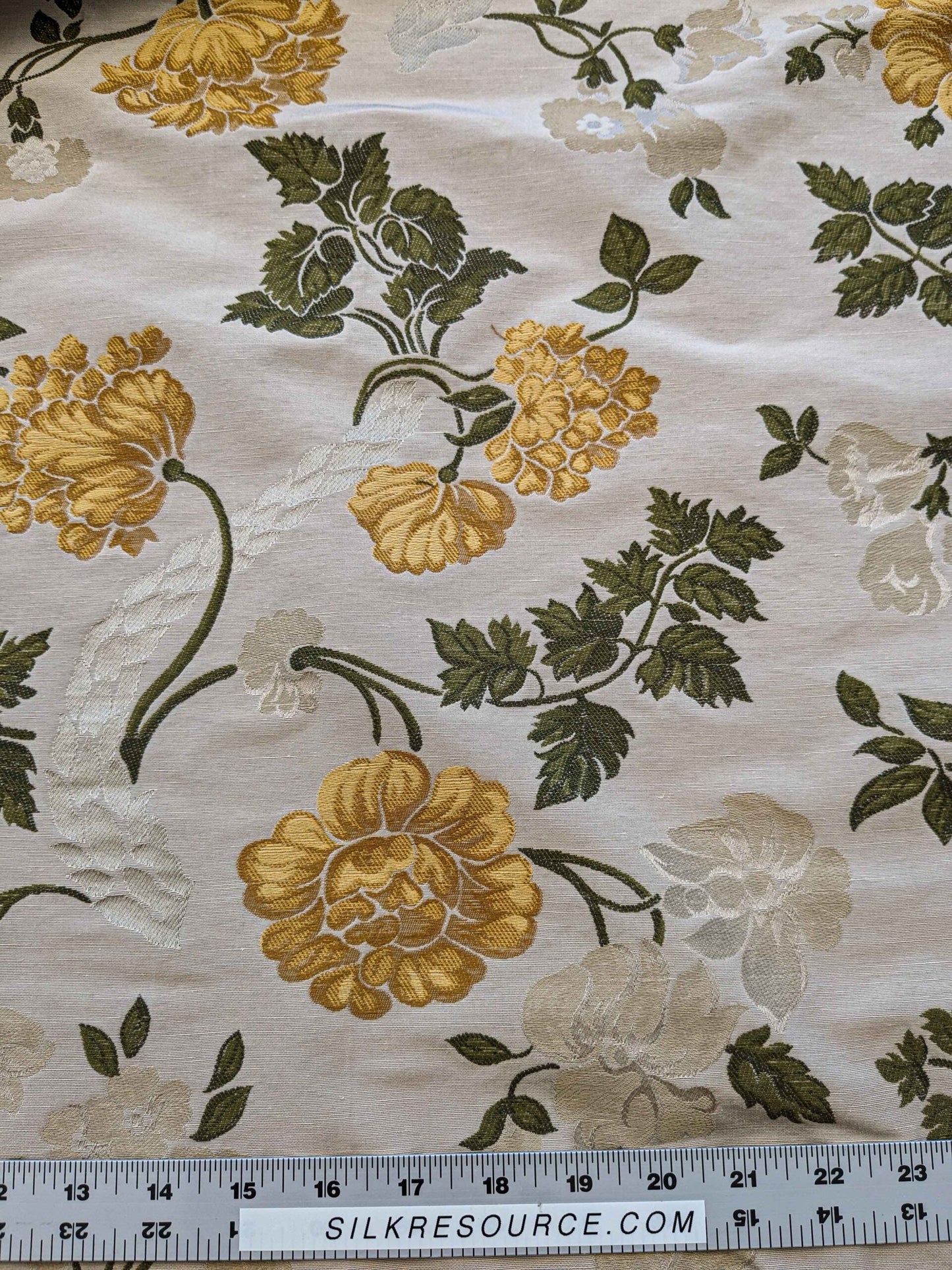 By Yard Scalamandre Fil Coupe Bright Yellow Golden Sunflower Daisy Green Vine on Warm Beige