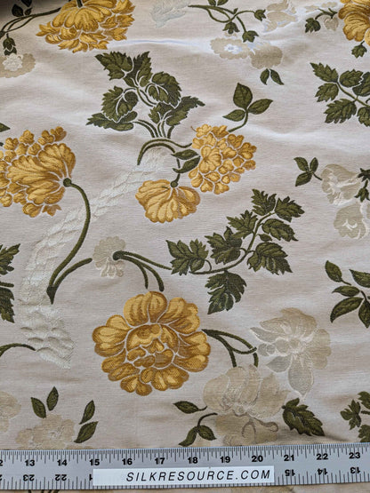 By Yard Scalamandre Fil Coupe Bright Yellow Golden Sunflower Daisy Green Vine on Warm Beige