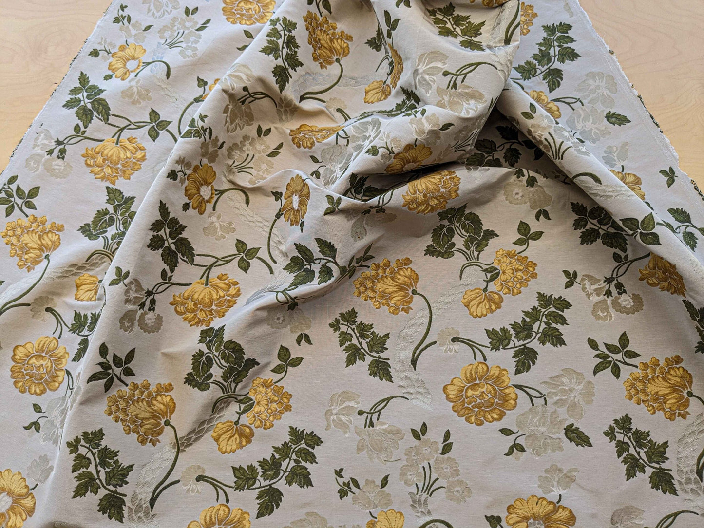 By Yard Scalamandre Fil Coupe Bright Yellow Golden Sunflower Daisy Green Vine on Warm Beige