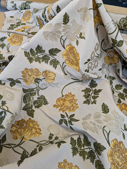 By Yard Scalamandre Fil Coupe Bright Yellow Golden Sunflower Daisy Green Vine on Warm Beige