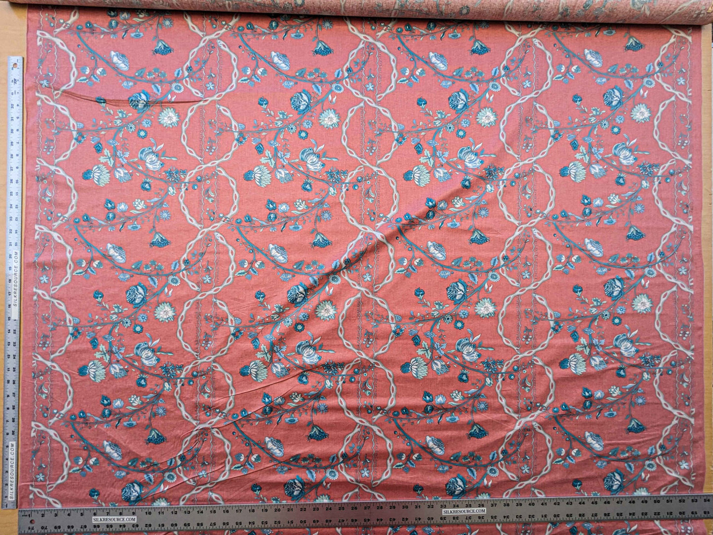 2.2y Scalamandre Floral Botanical Tree Foliage  French Court Blue White Gray on Red