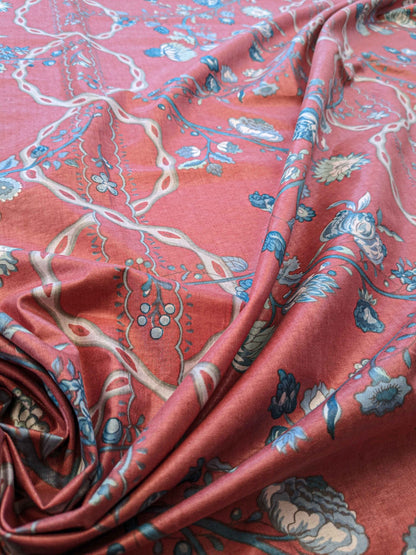 2.2y Scalamandre Floral Botanical Tree Foliage  French Court Blue White Gray on Red