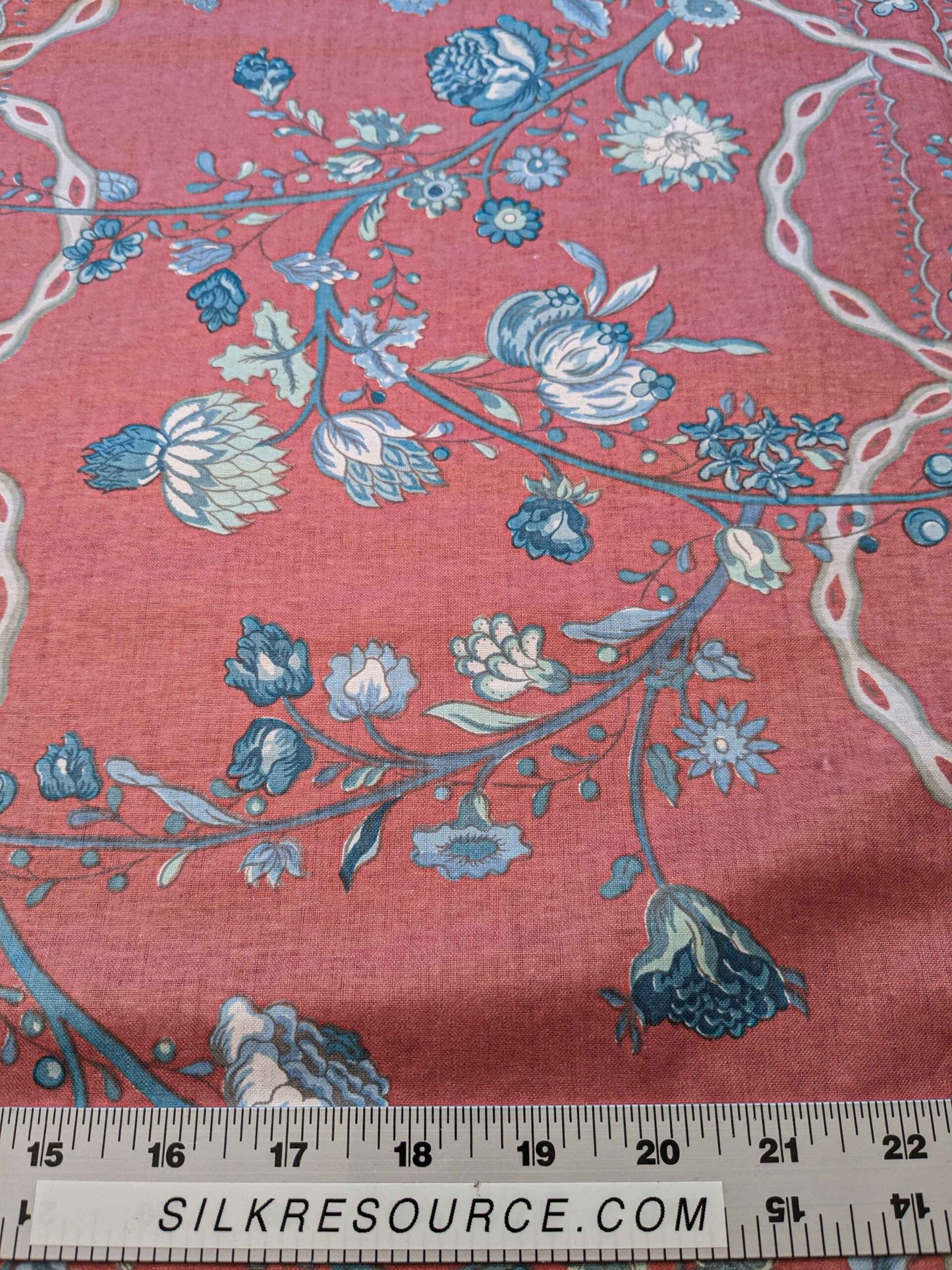 2.2y Scalamandre Floral Botanical Tree Foliage  French Court Blue White Gray on Red