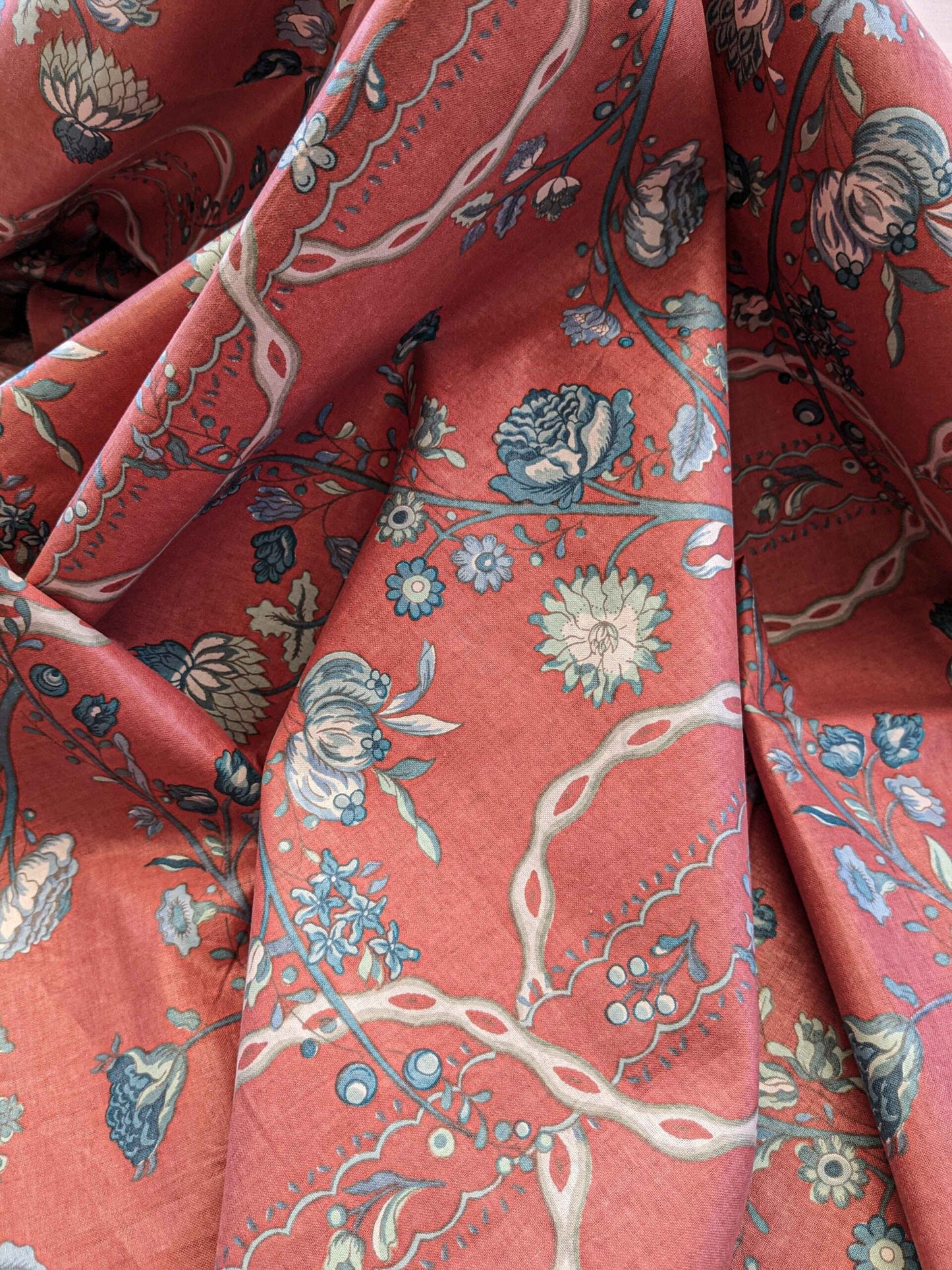 2.2y Scalamandre Floral Botanical Tree Foliage  French Court Blue White Gray on Red