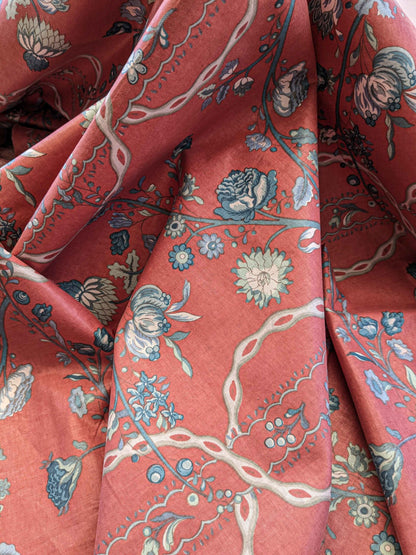 2.2y Scalamandre Floral Botanical Tree Foliage  French Court Blue White Gray on Red