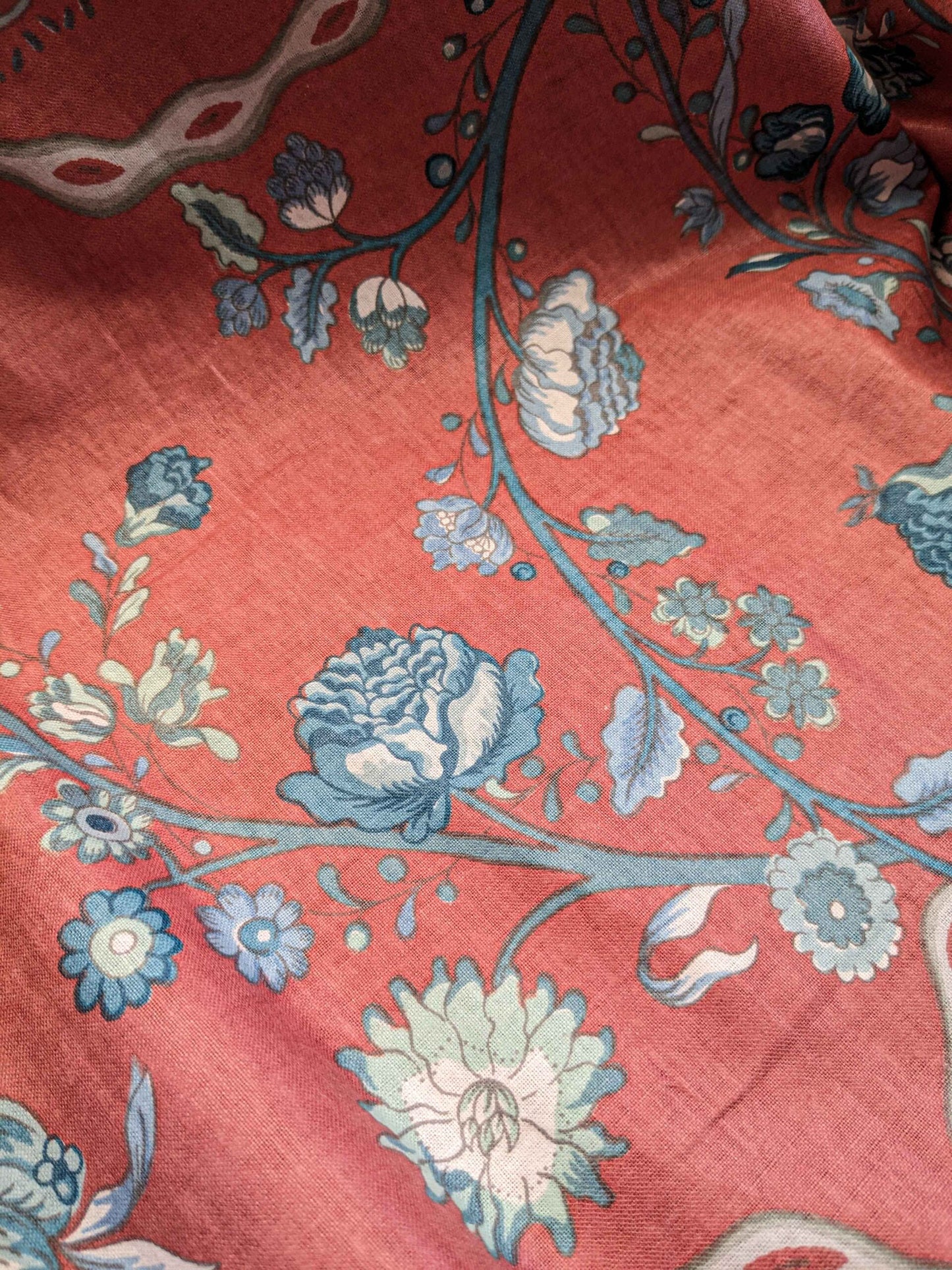 2.2y Scalamandre Floral Botanical Tree Foliage  French Court Blue White Gray on Red