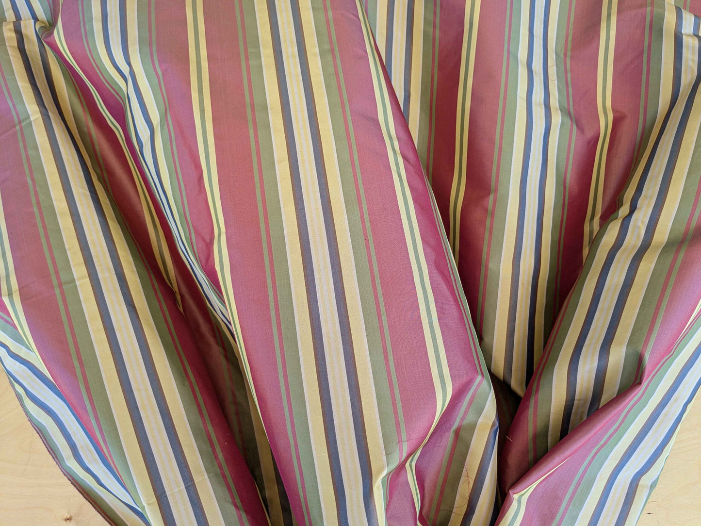 by yard Scalamandre Silk Taffeta Stripe Red Green Yellow White Defect.