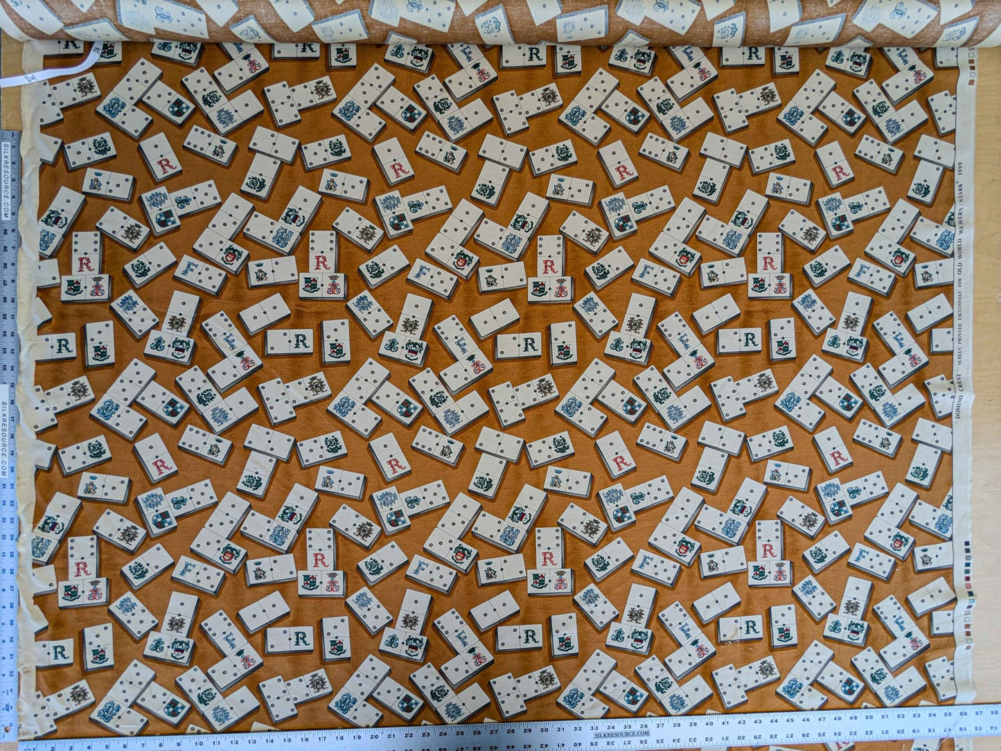 by yard Scalamandre Domino Game Crest Print Brown Mustard Gold White Art Deco Historic